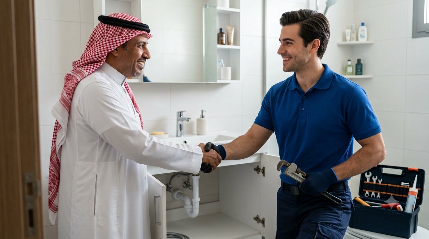 عميل يصافح فني إعمار المنزل بعد إنجاز الخدمة